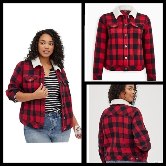5X 28W Torrid Red Buffalo Plaid Trucker Jacket Sherpa Lined Flannel Twill Button - Picture 1 of 8